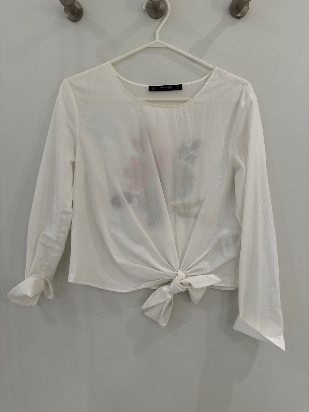 Zara White Knot-Front Long Sleeve Blouse